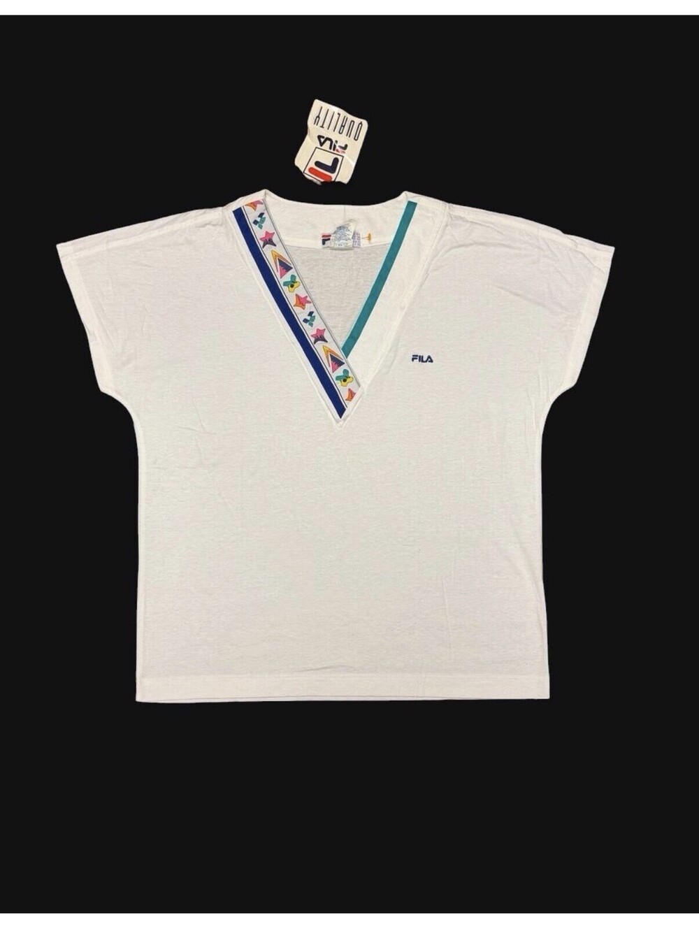 NWT VTG 80s Fila Geometric V-Neck Tennis Shirt Mercerized Cotton White Womens 8